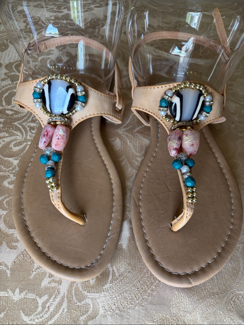 Beaded Nude T-Strap Sandals with Turquoise Accents US8